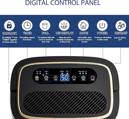 52 Pint Dehumidifier- 5000 Sq. Ft. Large Basement Dehumidifiers with Drain Hose for Large Rooms - Powerful Moisture Removal with Compressor- Dehu/Dry/Air Mode, LED Display,Timer, Child Lock
