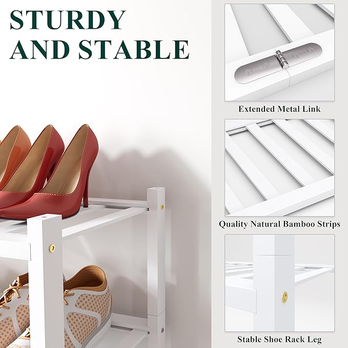 Smiry Shoe Rack, 4 Tier Bamboo Shoe Organizer, Stackable Free Standing Wooden Shoe Storage Shelf for Closet, Entryway, Front Door Entrance, White
