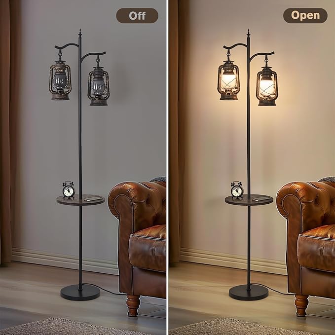 Farmhouse Floor lamp with Table, Double Head Vintage Floor Lantern, Standing lamp for Living Room，Bedroom, Rustic Floor Lamp with Black Brown Finish