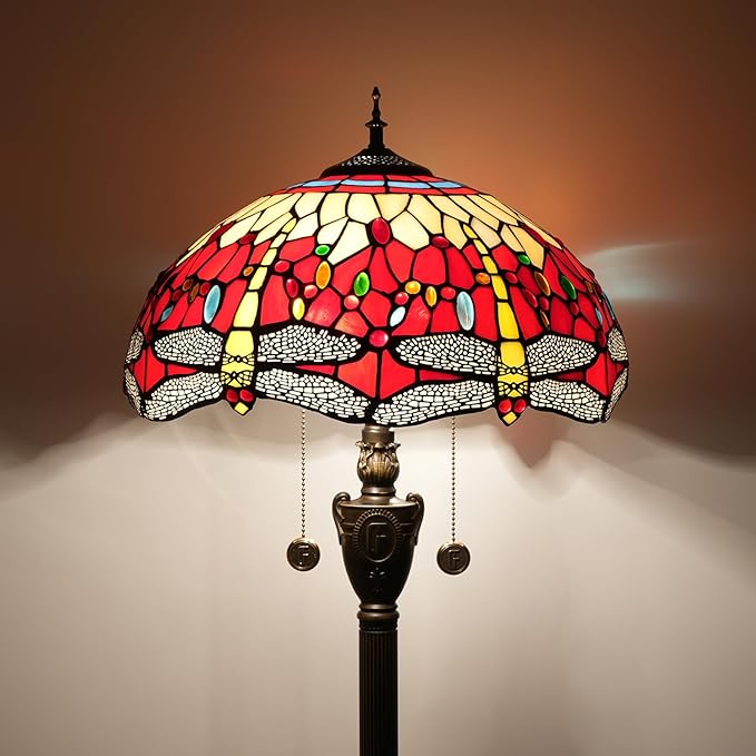 Tiffany Floor Lamp Dragonfly Red Stained Glass Floor Light Bright Lighting Rustic Standing Lamp Vintage Unique Bronze Reading Corner Lamp for Home Decor Living Room Bedroom 16X16X64 Inches