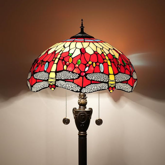 Tiffany Floor Lamp Dragonfly Red Stained Glass Floor Light Bright Lighting Rustic Standing Lamp Vintage Unique Bronze Reading Corner Lamp for Home Decor Living Room Bedroom 16X16X64 Inches