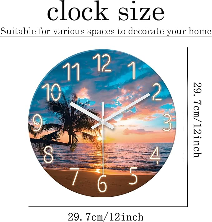 XFM Blue Nautical Beach Wall Clocks Battery Operated Palm Tree Wall Clocks for Living Room 12 Inch Round Glass Silent Wall Clock Non Ticking Sunset Clock