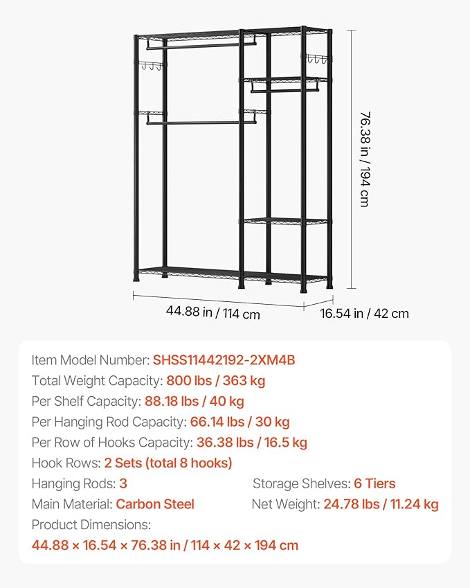 VEVOR Clothing Garment Rack, Heavy Duty Closet Wardrobe, Adjustable Tiers Clothes Racks with Steel Frame, for Bedroom, Clothing Store, Hallway