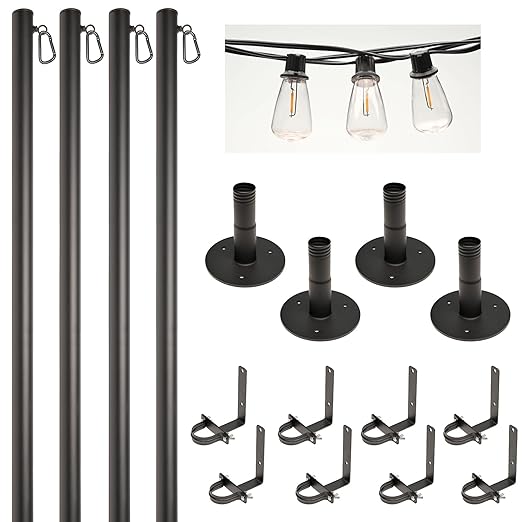 EXCELLO GLOBAL PRODUCTS Premium String Light Pole 4 Pack with 100' of LED Edison Bulb String Lights (Deck Mount)