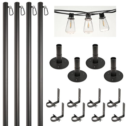 EXCELLO GLOBAL PRODUCTS Premium String Light Pole 4 Pack with 100' of LED Edison Bulb String Lights (Deck Mount)