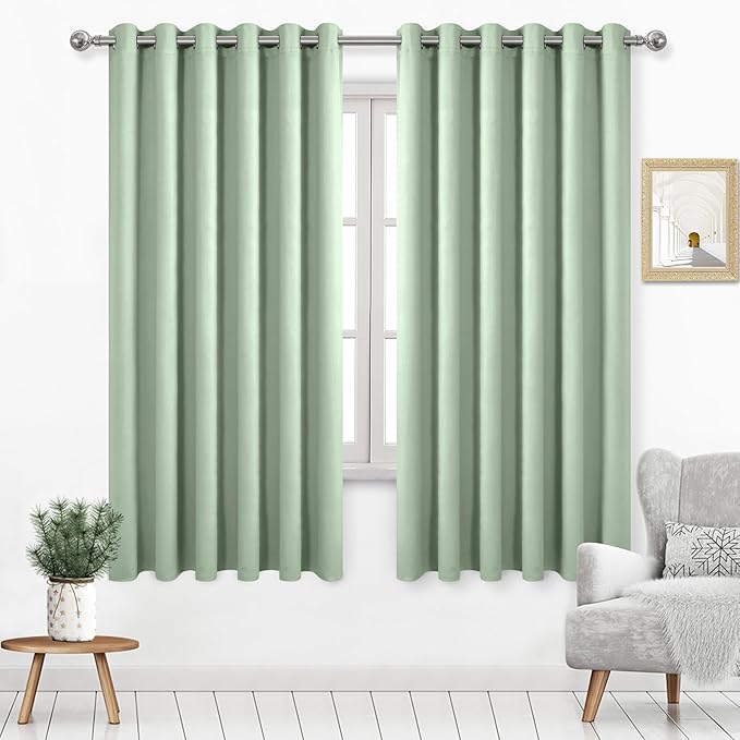 DWCN Blackout Curtains 63 Inch Length, Room Drakening Drapes for Bedroom, Solid Grommet Living Room Extra Wide Panels, Light Green, W70 x L63 Inch, Set of 2