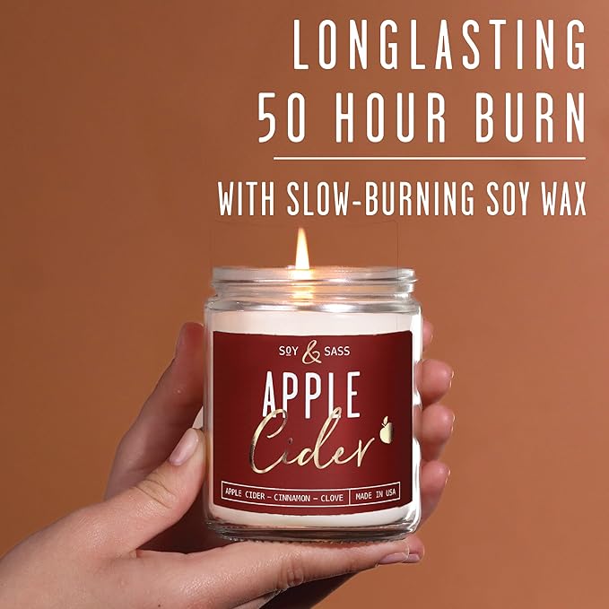 Apple Cider Candle, Fall Candles I Apple Cider, Cinnamon & Nutmeg - Infused with Essential Oils I Mulled Cider Fall Scented Candle (Soy) for Home I 9oz Reusable Jar I 50Hr Burn I Made in USA