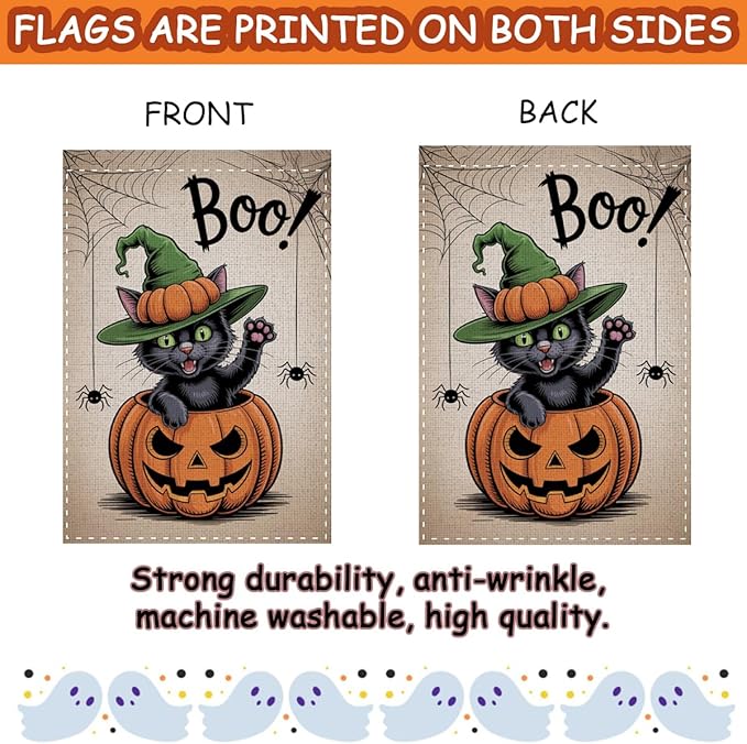 Fokongna Interesting Halloween Garden Flag, Pumpkin Spider Cat Boo Halloween Garden Flag, 12x18 Inch Burlap Vertical Double Sided Flags, for Home Yard Outside Decorations