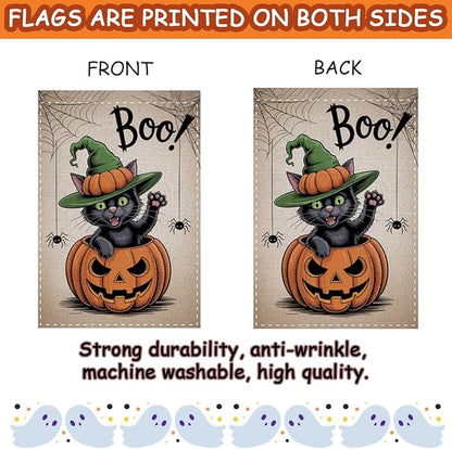 Fokongna Interesting Halloween Garden Flag, Pumpkin Spider Cat Boo Halloween Garden Flag, 12x18 Inch Burlap Vertical Double Sided Flags, for Home Yard Outside Decorations