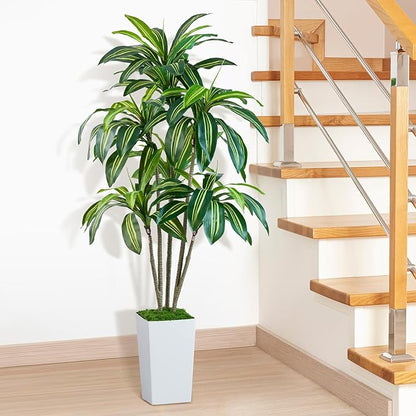 Dracaena Artificial Plants Indoor, 6FT Tall Faux Tree with White Tall Planter, Fake Yucca Tree Floor Plant, Artificial Trees for Home Office Living Room Garden Decor Outdoor, Housewarming Gift