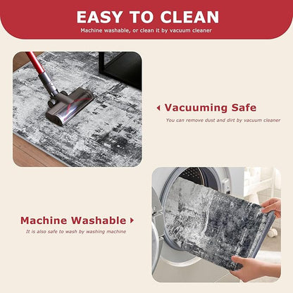 KOZYFLY Modern Abstract Area Rug 8x10 Gray Washable Large Living Room Thin Rugs Bedroom Non Skid Carpet with Faux Wool Soft Low Pile for Dining Room Living Room Office Dorm Kitchen Table Apartment