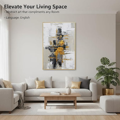 Hand-Painted Abstract Living Room Wall Art,Framed Large Black and White Canvas Oil Painting for bedroom,3D Gold Thick Textrued Abstract Wall Decor for Office Home Decoration 32x48 inches