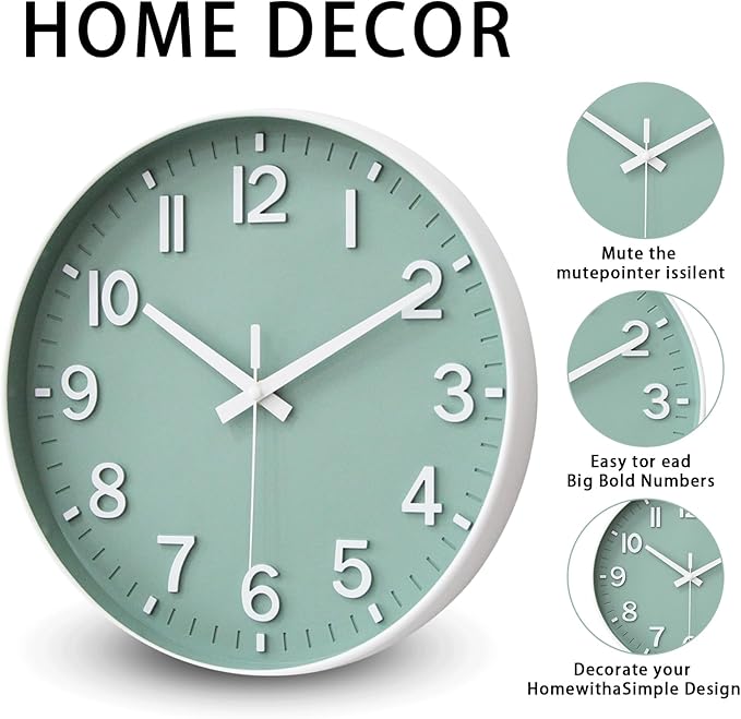 HZDHCLH Wall Clocks Battery Operated,Wall Clock Green,8 inch Wall Clock Silent Non Ticking Modern 3D Numbers for Kitchen Bedroom Living Room Office Classroom Decor