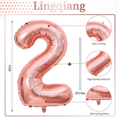 40 Inch Rose Gold Foil Balloon Number 2, Large Self Inflating Number Balloons 0-9 Digital Helium Balloons Set for Girls 2nd Birthday Women Anniversary New Year Baby Shower Party Decorations Supplies