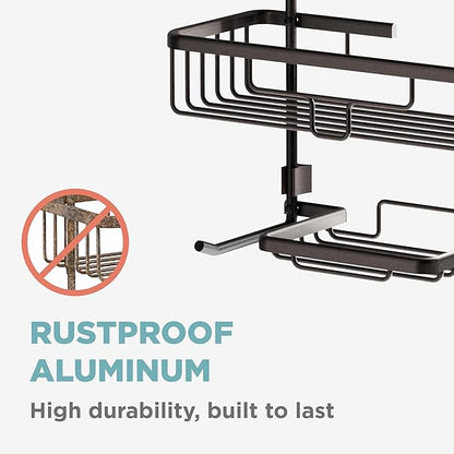 Zenna Home Rustproof Hanging Shower Caddy, Over the Shower Head Caddy with 2 Shelves and Built In Hooks, Aluminum Bathroom Hanging Organizer, Bronze