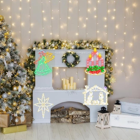 Christmas Decorations -16" Christmas Window Silhouette Lights - 4 Pack Colour Lighted Angel & Nativity & Bethlehem Star & Candle for Holiday Indoor and Outdoor Wall Door Window Decorate