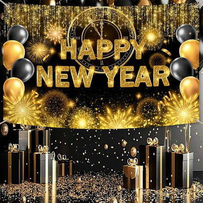 Black Gold Happy New Year Backdrop 2026 Kiss Me at Midnight Photography Background Cheers to The New Year Eve Hello 2026 Party Decorations Firework Banner Photo Props 7x5 ft