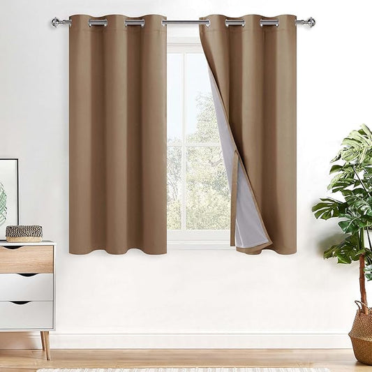XWZO Full Shading Blackout Curtains 45 Inches Length - Heat and Light Blocking Ring Top Window Drapes with Black Liner Backing for Bedroom Sewn with Tiebacks, Cappuccino, W38 x L45, Set of 2 Panels