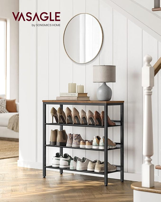VASAGLE Shoe Rack for Entryway, 4-Tier Shoe Rack Organizer with Storage Shelves and Spacious Top, Freestanding, Adjustable, Industrial, Rustic Brown and Ink Black ULBS040B01