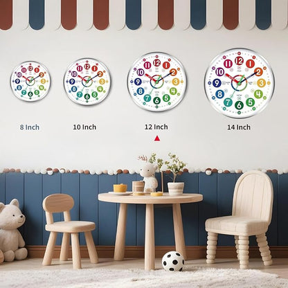 Wall Clock for Kids Learning - Teaching Time Wall Clocks Battery Operated Silent Non Ticking - Analog Colorful Clock Decorative for Kids Room Classroom School(12 Inch&Silver)