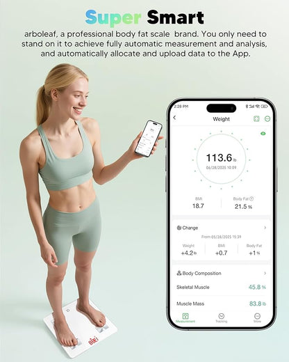 arboleaf Smart Scale for Body Weight and Fat, Bluetooth Digital Bathroom Scale, Body Composition Analyzer with App, 14 Metrics Include BMI, 400lb Capacity(White)