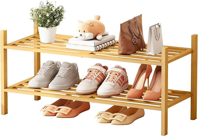 Bamboo Shoe Rack for Closet 2 Tier, Space-Saving Stackable Shoe Organizer for Entryway, Dorm, Garage, Natural