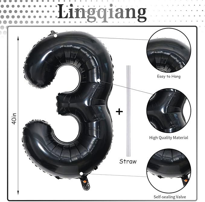 40" Black Number 3 Balloon for Birthday Party Decorations, Large Self Inflating Helium Foil Number Balloons Set 0-9 for Women Men 30th Birthday Graduation 3rd Anniversary Party Decorations Supplies