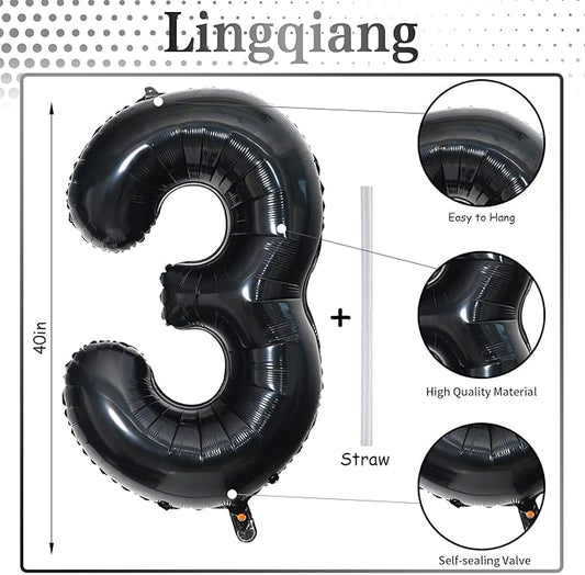 40" Black Number 3 Balloon for Birthday Party Decorations, Large Self Inflating Helium Foil Number Balloons Set 0-9 for Women Men 30th Birthday Graduation 3rd Anniversary Party Decorations Supplies