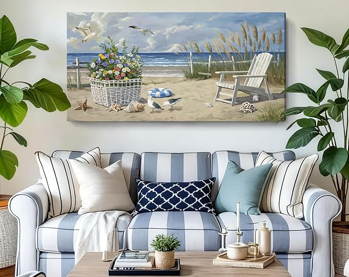ARTZON Beach Pictures Wall Art – Blue Seascape Extra Large Ocean Scenery Print Floral Decorations Artwork Relaxing Seagulls Canvas Wall-decor for Restroom, Bedroom, Office, 58x29 Inch