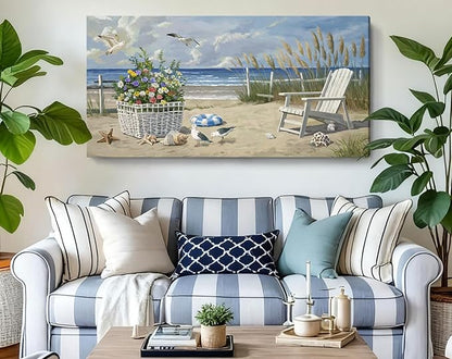 ARTZON Beach Pictures Wall Art – Blue Seascape Extra Large Ocean Scenery Print Floral Decorations Artwork Relaxing Seagulls Canvas Wall-decor for Restroom, Bedroom, Office, 58x29 Inch