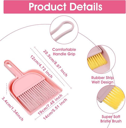 Pink Small Broom and Dustpan Set, Mini Dustpan and Brush Set, Small Hand Broom and Dust Pan Sets for Home Sofas Kitchen Countertops Storage Shelves Office Desks Bathrooms and Pet Areas
