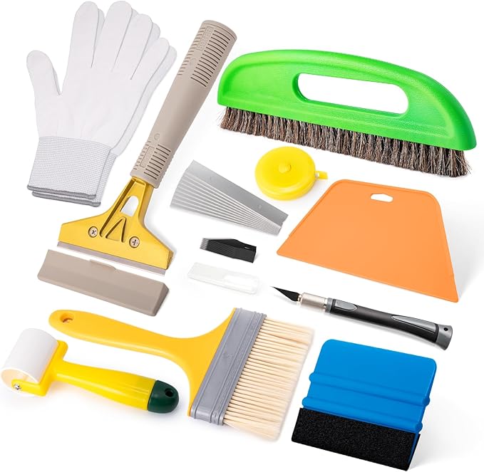 FOSHIO Professional Wallpaper Tools Kit, Including Wallpaper Smoothing Brush, Seam Roller, Paste Brush, Wallpaper Smoothing Tool, Wallpaper Scraper, Vinyl Wrap Gloves, Mesureing Tape, Exacto Knife