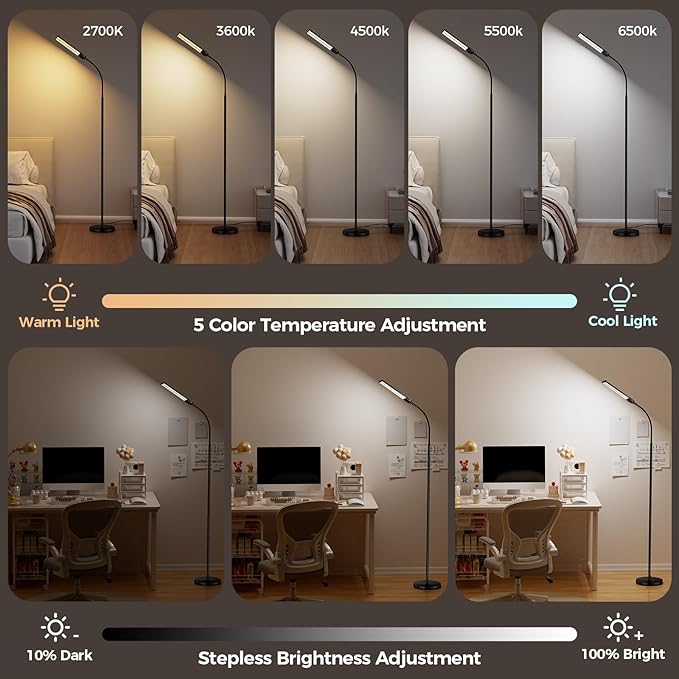 LED Floor Lamp for Living Room, Bright Reading Lamps for Office, Adjustable Colors Temperatures&Brightness, Dual Head Gooseneck Standing Lamp, Remote and Button Control，Eye-Caring Tall Lamp, Black