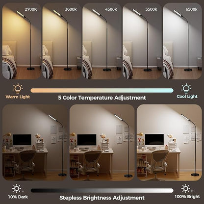 LED Floor Lamp for Living Room, Bright Reading Lamps for Office, Adjustable Colors Temperatures&Brightness, Dual Head Gooseneck Standing Lamp, Remote and Button Control，Eye-Caring Tall Lamp, Black