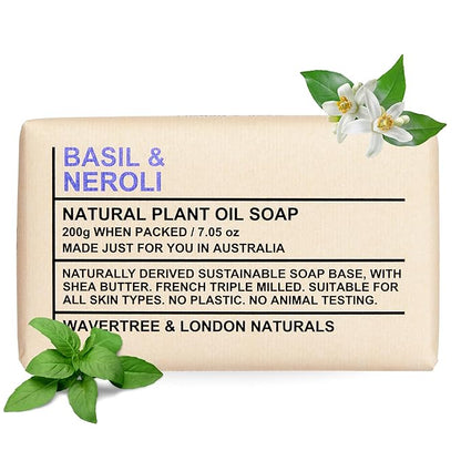 Wavertree & London Basil & Neroli Scented 100% Natural Soap Bar, 7oz Moisturizing French Triple Milled Soap Bar for Women & Men Enriched with Shea Butter, Pure Bath & Body Soap (1 Bar)