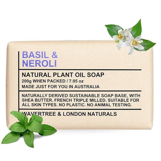 Wavertree & London Basil & Neroli Scented 100% Natural Soap Bar, 7oz Moisturizing French Triple Milled Soap Bar for Women & Men Enriched with Shea Butter, Pure Bath & Body Soap (1 Bar)