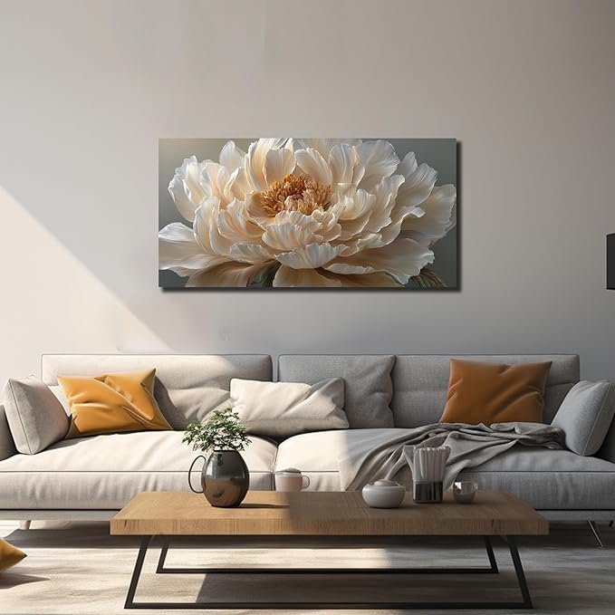 Ouzzlie Flower Canvas Wall Decor for Bedroom Living Room Office White Wall Art Floral Picture Art Light Yellow Peony Modern Artwork Posters 20"x40"