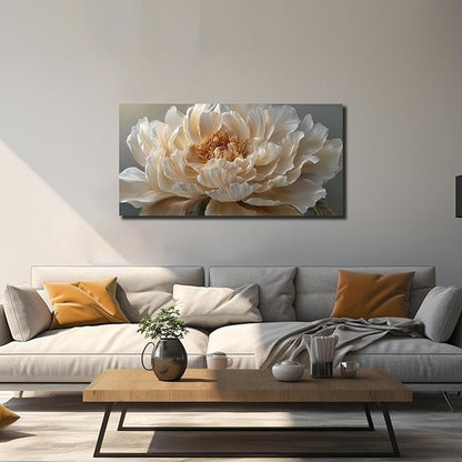 Ouzzlie Flower Canvas Wall Decor for Bedroom Living Room Office White Wall Art Floral Picture Art Light Yellow Peony Modern Artwork Posters 20"x40"