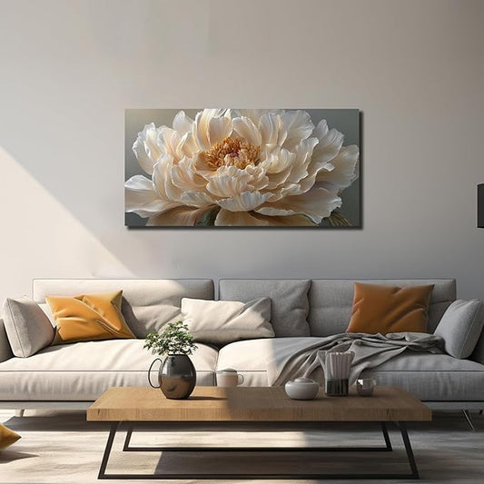 Ouzzlie Flower Canvas Wall Decor for Bedroom Living Room Office White Wall Art Floral Picture Art Light Yellow Peony Modern Artwork Posters 20"x40"
