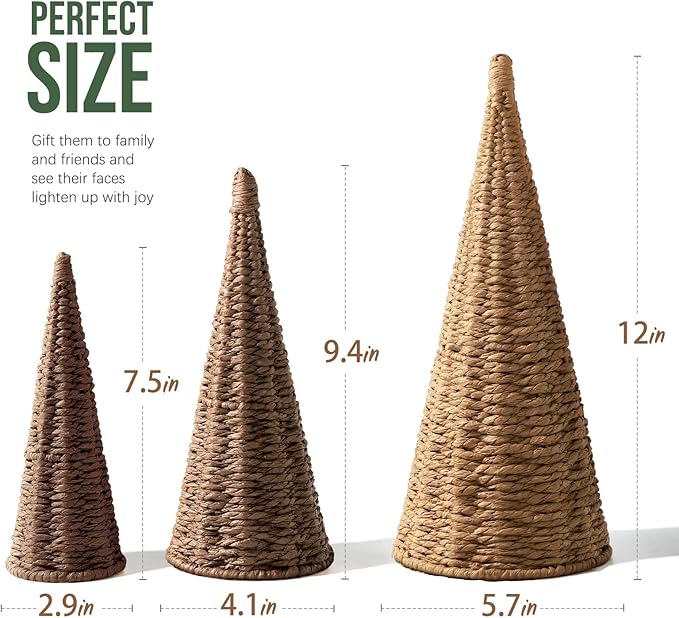 3pcs Natural Woven Christmas Trees Decor, Artificial Christmas Tree Decorations for Home Party Table Village Craft Indoor Outdoor Vintage Christmas Decor(Khaki+Dark Brown+Dark Khaki)