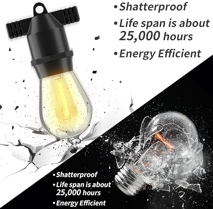 48FT LED Outdoor String Lights, S14 IP65 Waterproof Patio Lights, Edison Shatterproof Bulbs with Remote Control Vintage Backyard Light, Garden, Deck Light