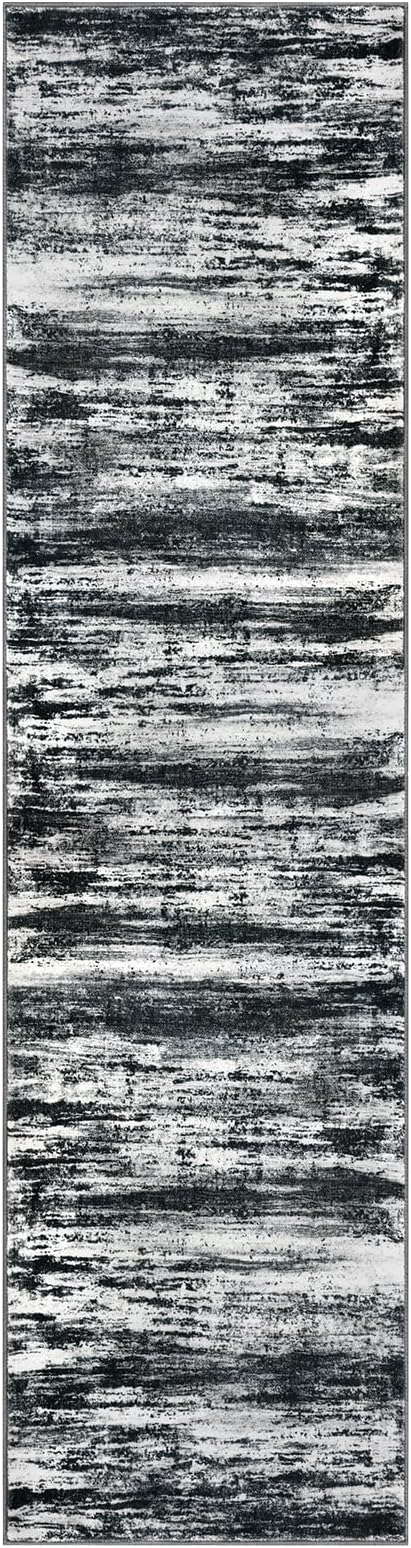 KOZYFLY Modern Abstract Washable Rug Runner 2.6x10 Hallway Rug Runner Non-Slip Soft Kitchen Runner Rugs, Black Navy Blue Grey Striped Carpet for Entryway Bathroom Laundry Room Foyer
