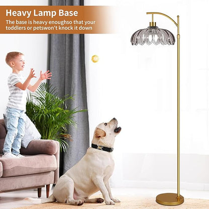 Floor Lamp for Living Room,Bedroom,Gold Dimmable Standing Lamp with Remote,Mid Century Modern Brass Tall Lamp Retro Vintage Grey Glass Lamp Floor Light Boho Bohemian