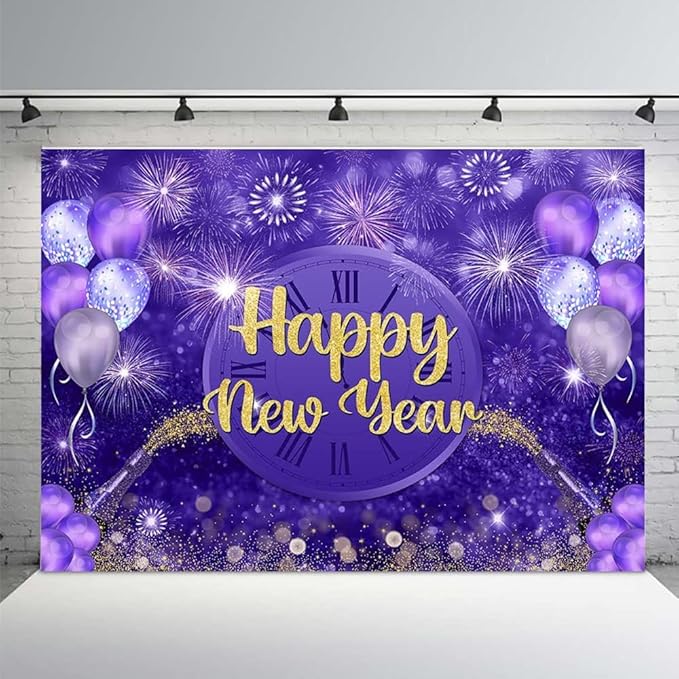 MEHOFOND Happy New Year Backdrop Purple 2026 New Year Eve Party Decorations Banner Supplies Shining Champagne Balloons Firework Photography Background New Years Eve Photo Studio Props 8x6ft
