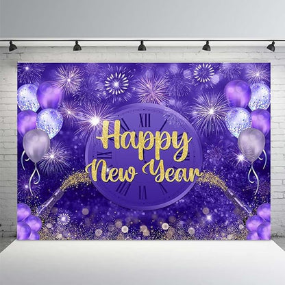 MEHOFOND Happy New Year Backdrop Purple 2026 New Year Eve Party Decorations Banner Supplies Shining Champagne Balloons Firework Photography Background New Years Eve Photo Studio Props 10x7ft