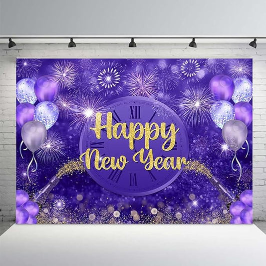 MEHOFOND Happy New Year Backdrop Purple 2026 New Year Eve Party Decorations Banner Supplies Shining Champagne Balloons Firework Photography Background New Years Eve Photo Studio Props 10x7ft