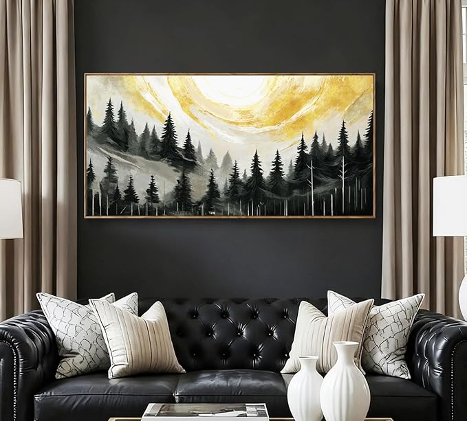 ARTZON Large Framed Canvas Art Wall Decor for Living Room Modern Black Yellow Gray Tree Picture Nature Lanscape Sunset Scenery Pin Forest Horizontal Artwork for Walls Home Living Room Bedroom 48"x24"
