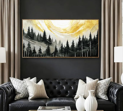 ARTZON Large Framed Canvas Art Wall Decor for Living Room Modern Black Yellow Gray Tree Picture Nature Lanscape Sunset Scenery Pin Forest Horizontal Artwork for Walls Home Living Room Bedroom 48"x24"