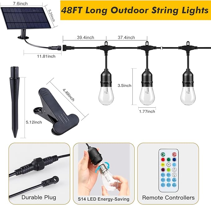Solar Outdoor String Lights 48FT, Dimmable RGB Patio Lights with 8 Lighting Modes, Shatterproof Bulbs, Waterproof Commercial Grade String Lights for Garden, Yard