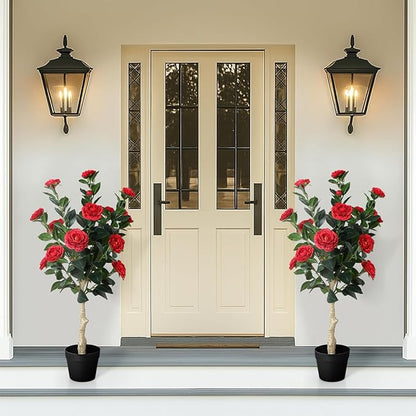 3FT Artificial Camellia Tree, 2 Pack Fake Camellia Tree Artificial Tree, Faux Floral Plants in Cement Pot, Greenery Potted Plant for Indoor Outdoor Home Office Porch Decor (Red)